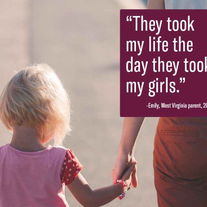 A young girl is shown from behind holding a woman's hand with the words "they took my life the day they took my girls" positioned at the top