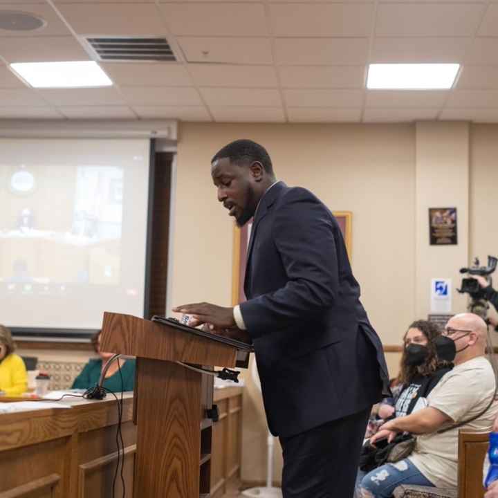 Dijon Stokes, ACLU-WV policy specialist, testifies to the Kanawha County Commission about the need for a new polling place on Charleston's West Side.
