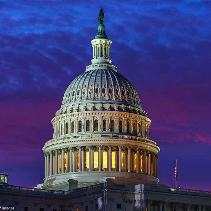 The United States Capitol building is shown at night. 