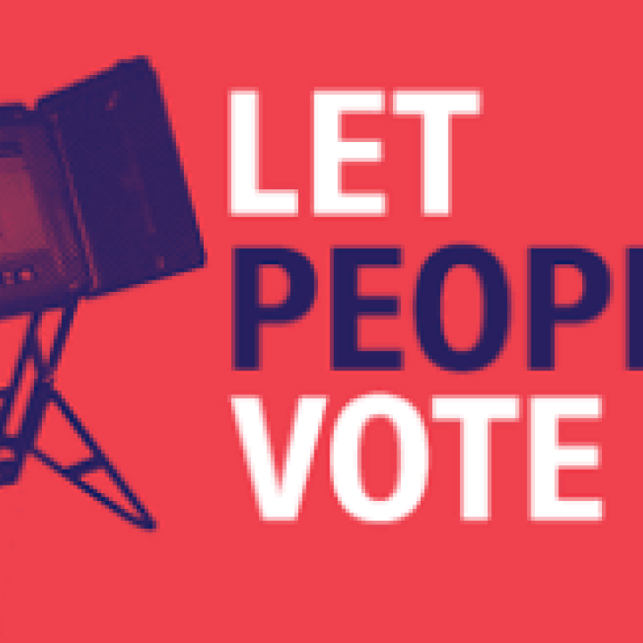 "Let People Vote" in white bold letters over a red background and a voting machine.