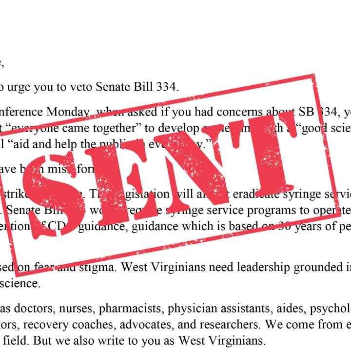 Letter to Governor Justice with SENT stamp