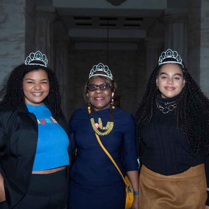 ACLU-WV Youth Organzier Ocean Smith, Board member Sonya Armstrong and legislative intern Jaidyn Carter wear Crowns in support of the Crown Act.