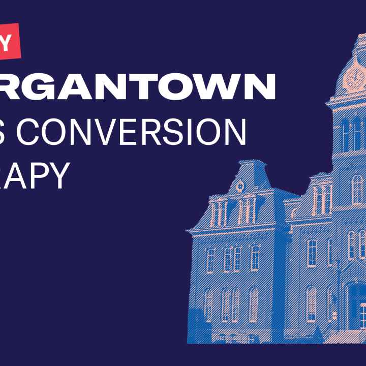 A picture of Woodburn Hall with the words "Victory: Morgantown Bans Conversion Therapy"