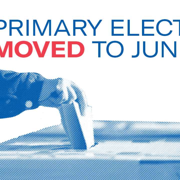 Image shows a voter with the words "Primary Election MOVED to June 9