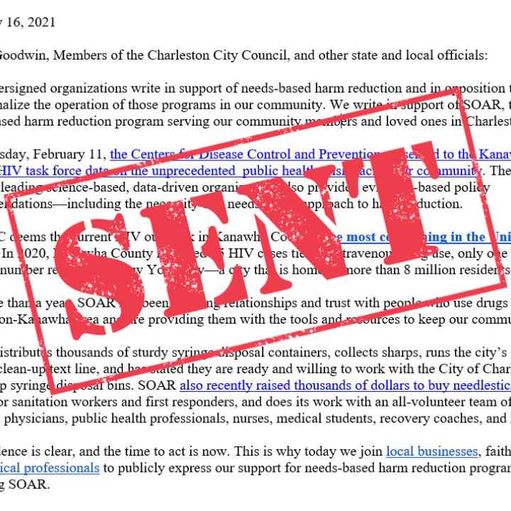 Letter to city officials with SENT stamped in red