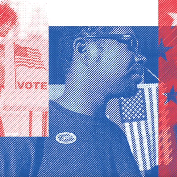 A red white and blue triptych shows people voting overlaid with images of the American flag