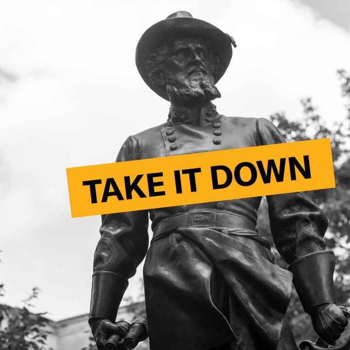 Statue of Stonewall Jackson with the words "Take it Down" superimposed