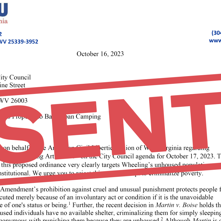 "SENT" is stamped in red over the letter sent to Wheeling officials Monday. 