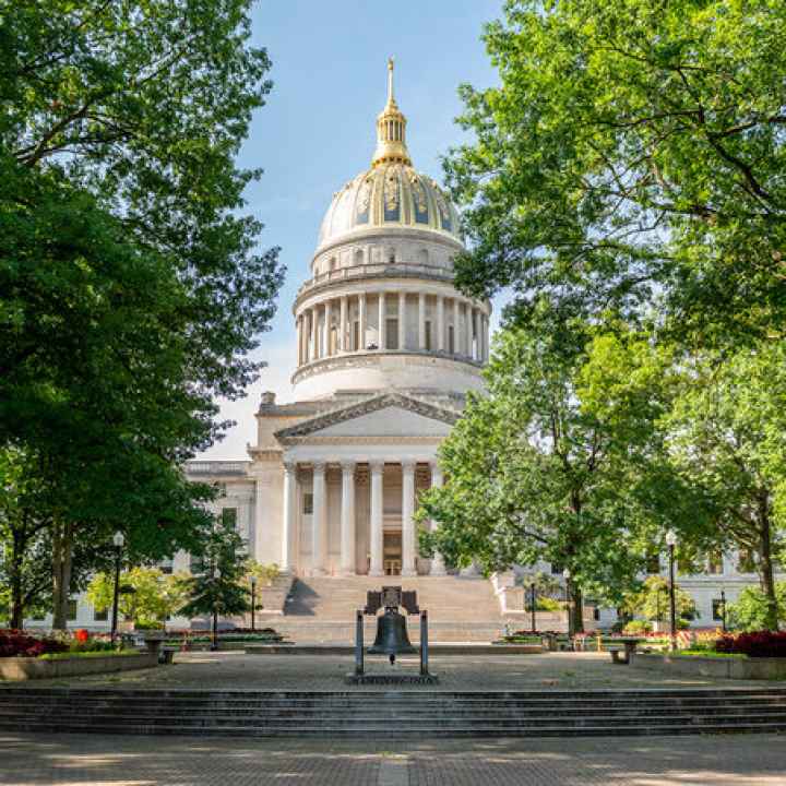 The West Virginia Capitol is shown on a sunny summer day