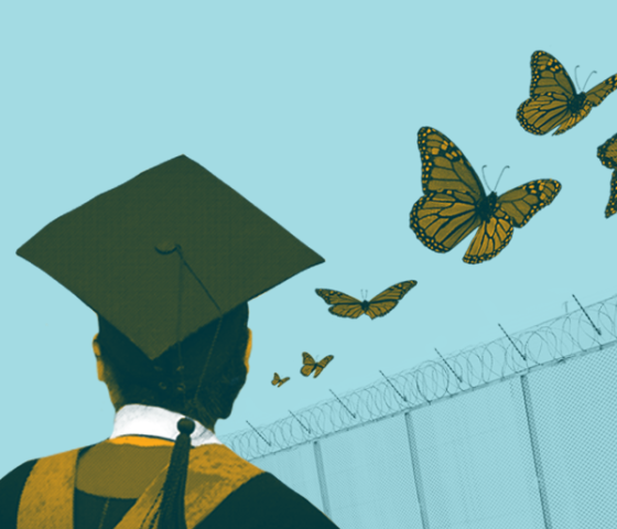 Student with cap and gown on blue background with yellow butterflies